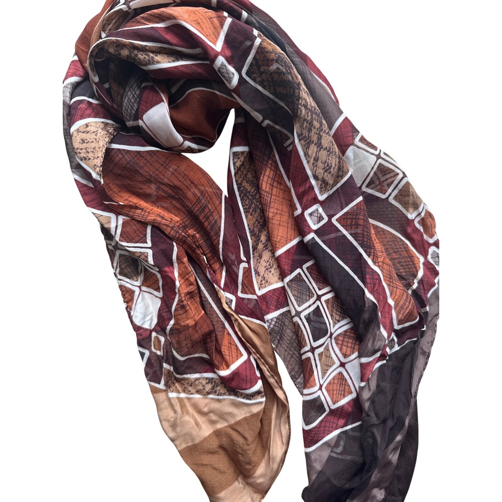 Halston brown Silk Scarf Geometric Grid Square Burgundy Rust 34x34